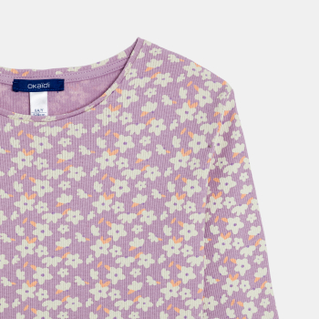 تيشيرت مضلع وبرسوم باللون الأرجواني للفتيات.